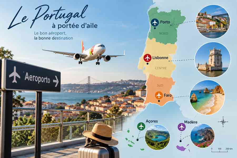 Carte illustrée des aéroports au Portugal avec Porto, Lisbonne, Faro, les Açores et Madère, un avion TAP Air Portugal en approche et
un panneau Aeroporto