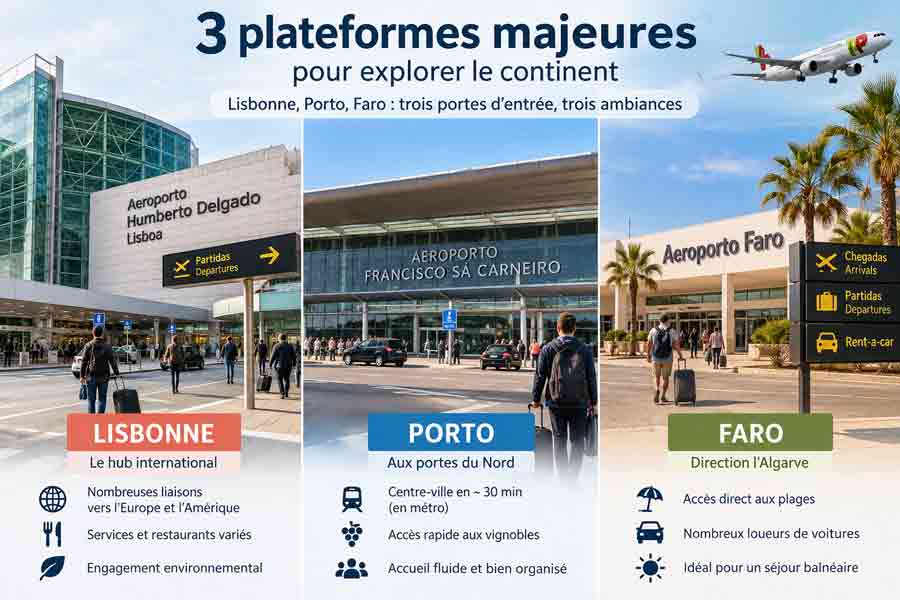 Infographie présentant l'aéroport Portugal de Lisbonne Humberto Delgado, ceux de Porto Francisco Sá Carneiro et de Faro, avec
leurs atouts respectifs
