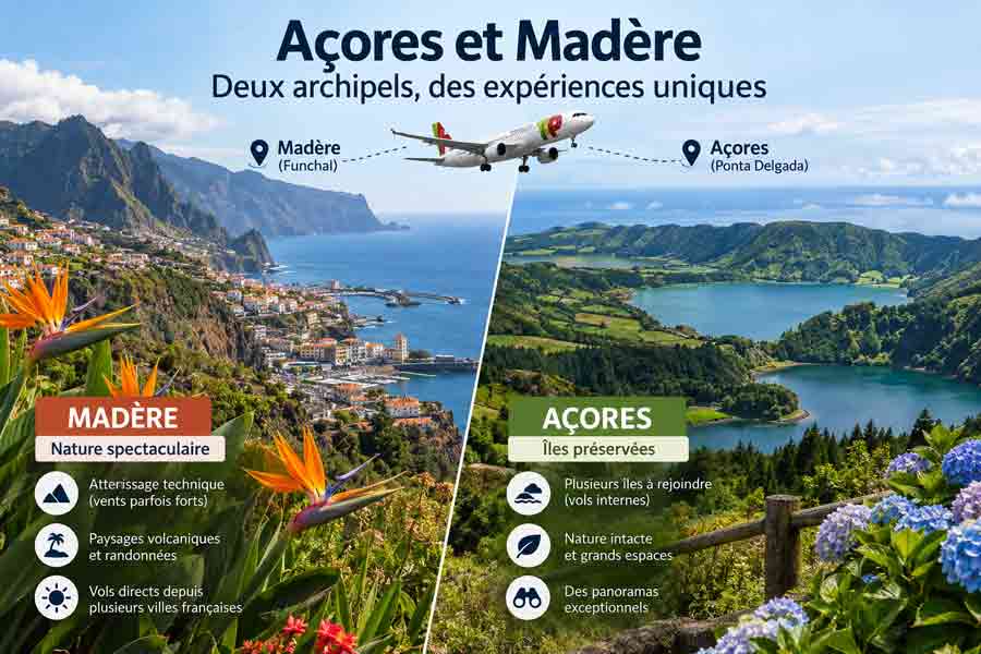Infographie avec l'aéroport de Funchal et ses falaises couvertes de strelitzias d'un côté, les lacs volcaniques et les hortensias de
Ponta Delgada de l'autre