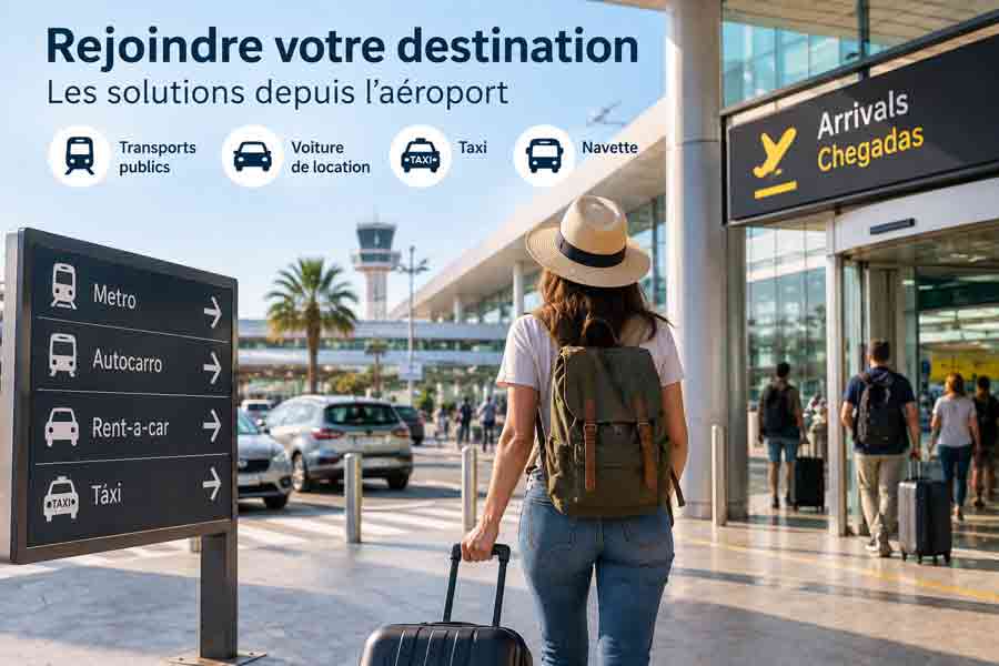 Infographie présentant les solutions depuis un aéroport au Portugal (transports publics, voiture de location, taxi, navette) avec
une voyageuse à valise et chapeau devant la sortie Arrivals Chegadas et un panneau indiquant métro, autocarro, rent-a-car et taxi