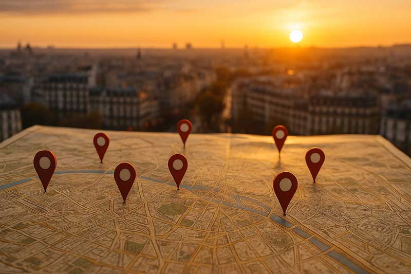 Carte de ville avec des repères géolocalisés au coucher du soleil, illustrant la recherche d'un hébergement idéal
pour un séjour réussi