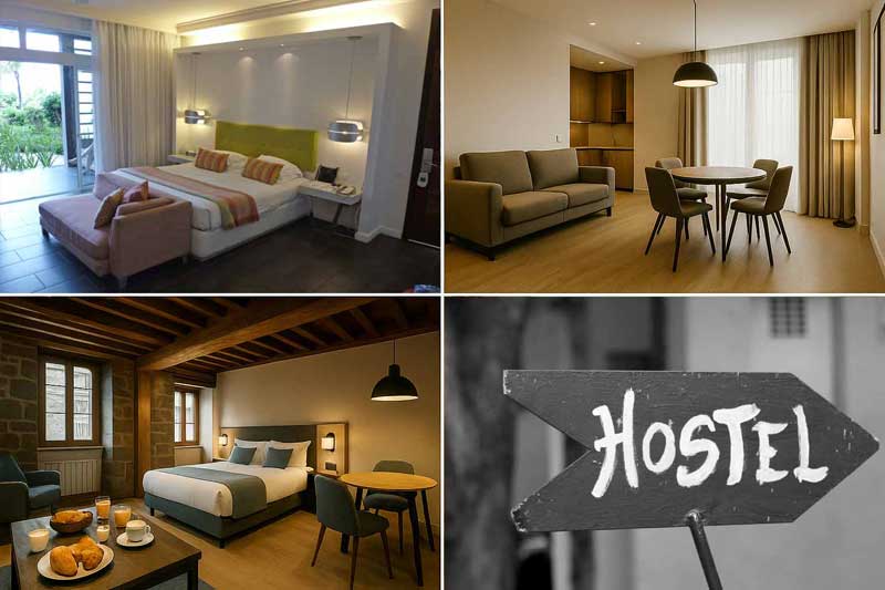 Exemples de différents types d’hébergements pour voyager : chambre d’hôtel, appartement avec salon, chambre rustique et
dortoir avec lits superposés