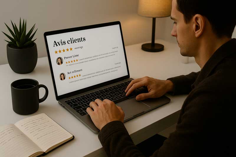 Voyageur consultant des avis clients en ligne sur un ordinateur portable pour choisir un hébergement de qualité
avant son séjour