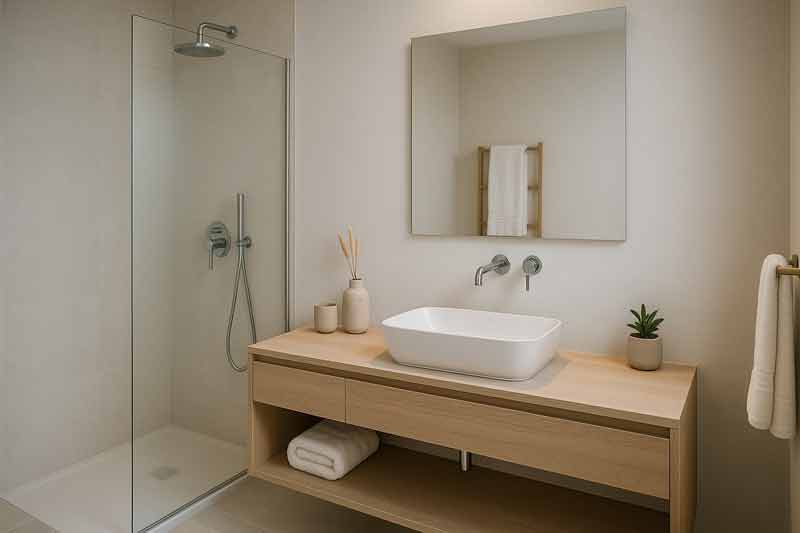 Salle de bain moderne et minimaliste d’un hébergement de voyage, avec douche à l’italienne, meuble en bois clair et
décoration épurée