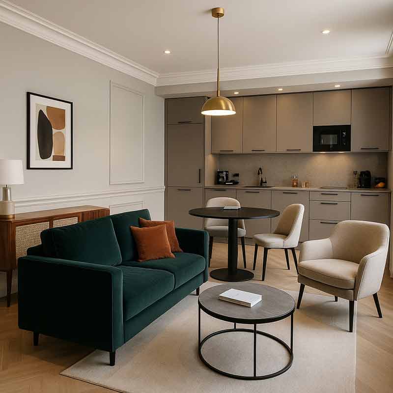 Appartement moderne et élégant pour séjourner en voyage, avec cuisine équipée, salon cosy et décoration contemporaine
raffinée