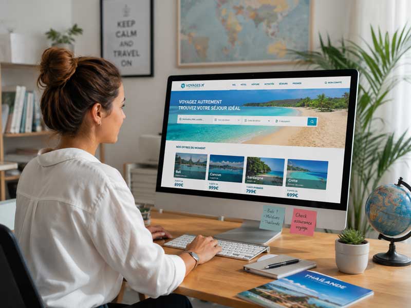 Femme préparant ses vacances sur le site d'une agence de voyages en ligne, écran affichant des offres de séjours