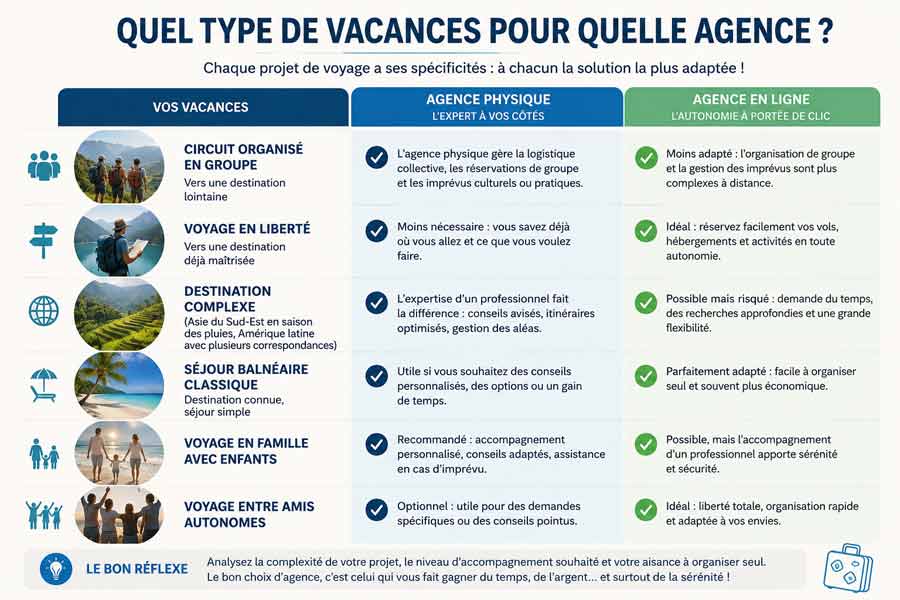 Infographie comparative agence physique et agence en ligne selon le type de vacances : circuit organisé, voyage en liberté, destination complexe, séjour balnéaire, voyage en famille ou entre amis