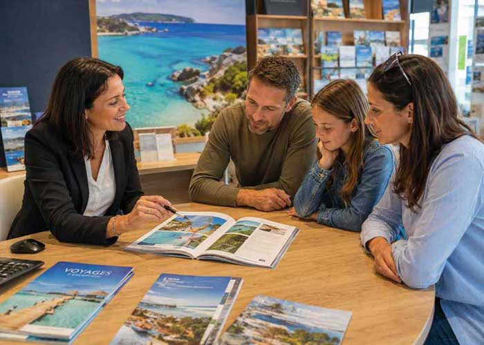 Famille en agence de voyages �changeant avec une conseill�re pour pr�parer son s�jour