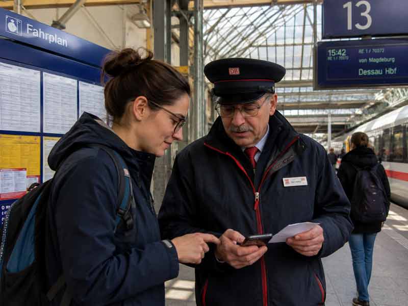 Voyageuse échangeant avec un contrôleur allemand sur un quai de gare pour comprendre un horaire de train