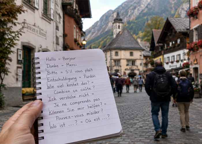 Carnet avec phrases allemandes essentielles tenu � la main dans une ruelle pav�e de village 
											bavarois, panneau Herzlich Willkommen en arri�re-plan