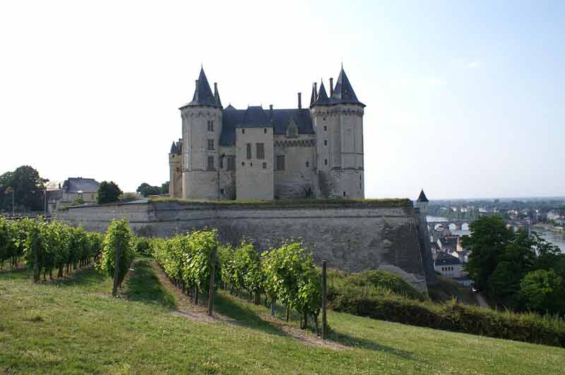 Château de Saumur vu depuis les vignes environnantes, dominant la Loire et la ville avec ses tours élancées et ses remparts médiévaux