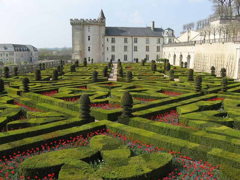 Jardins à la française du château de Villandry avec leurs motifs géométriques de buis taillés et parterres fleuris au printemps