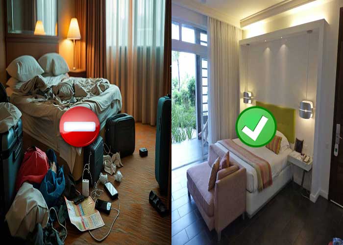 Comparaison entre une chambre d'htel dsordonne et une chambre propre et bien range, illustrant l'importance du choix d'un bon htel