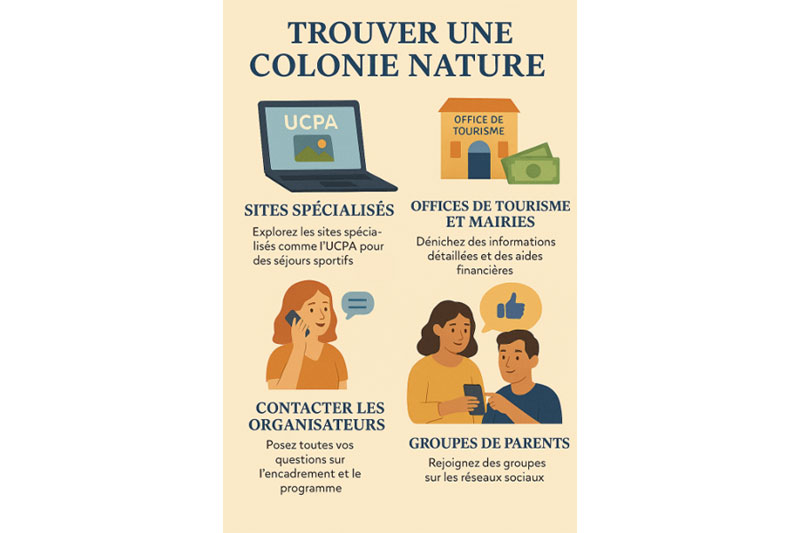 Infographie en français pour aider à trouver une colonie de vacances nature : sites spécialisés, offices de tourisme, organisateurs
et groupes de parents