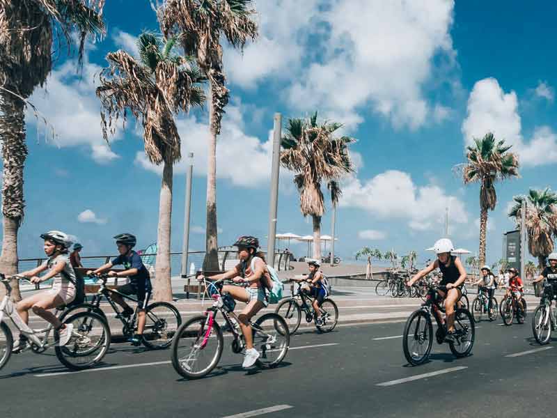 Groupe d'enfants en colonie de vacances faisant une sortie à vélo en bord de mer sous les palmiers
