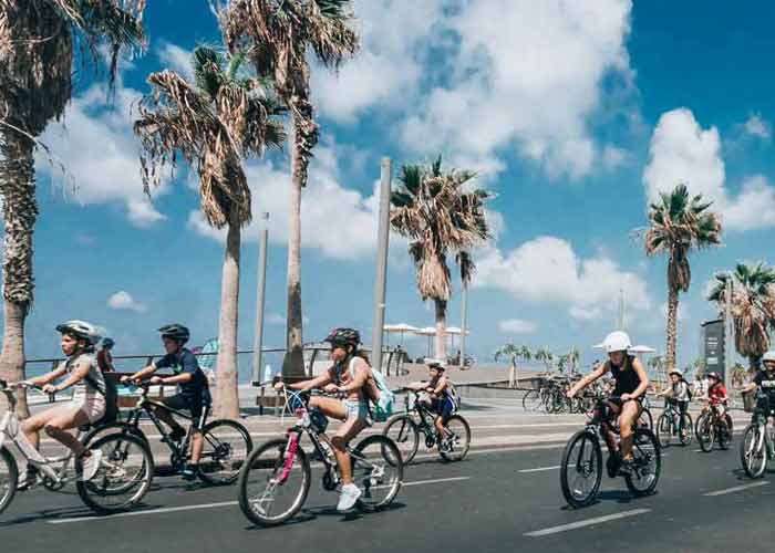 Groupe d'enfants en colonie 
								de vacances faisant une sortie  vlo en bord de mer sous les palmiers