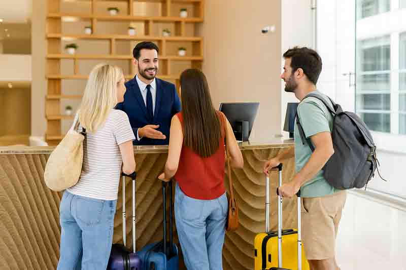 Voyageurs déposant leurs bagages à la réception d’un hôtel