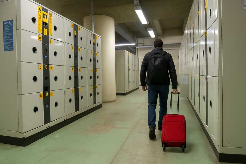 Homme déposant sa valise dans une consigne à bagages