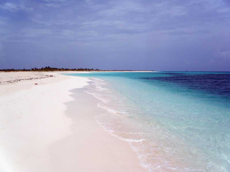Plage idyllique déserte à Cayo Santa María, Cuba, avec une étendue de sable blanc immaculé et une mer aux nuances bleu turquoisee