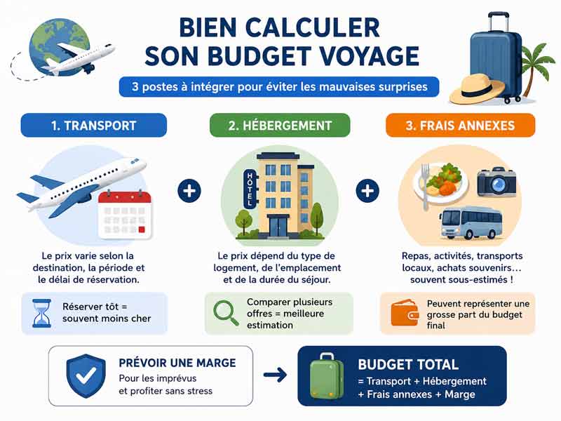Infographie récapitulant les 3 postes clés d'un budget voyage : transport, hébergement et frais annexes, avec conseils pour 
							prévoir une marge