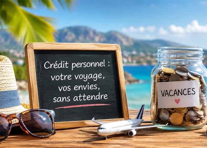 Chapeau de paille, lunettes de soleil et bocal � pi�ces �tiquet� vacances, en bord de mer face aux montagnes