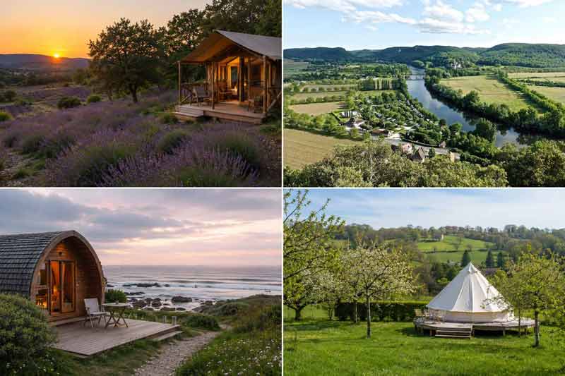 Panorama de quatre hébergements de glamping en France, du lodge provençal au bord d'un champ de lavande à la tente lodge dans un verger, en passant par une
cabane face à l'océan et un domaine au bord de la Dordogne