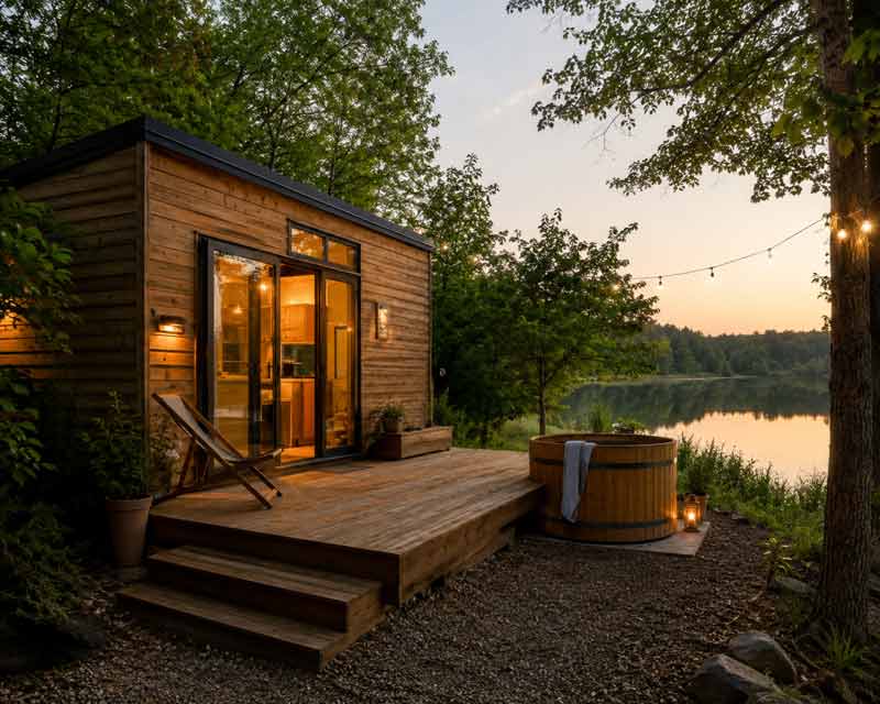 Tiny house en bois avec terrasse et bain nordique au bord d'un lac au coucher du soleil
