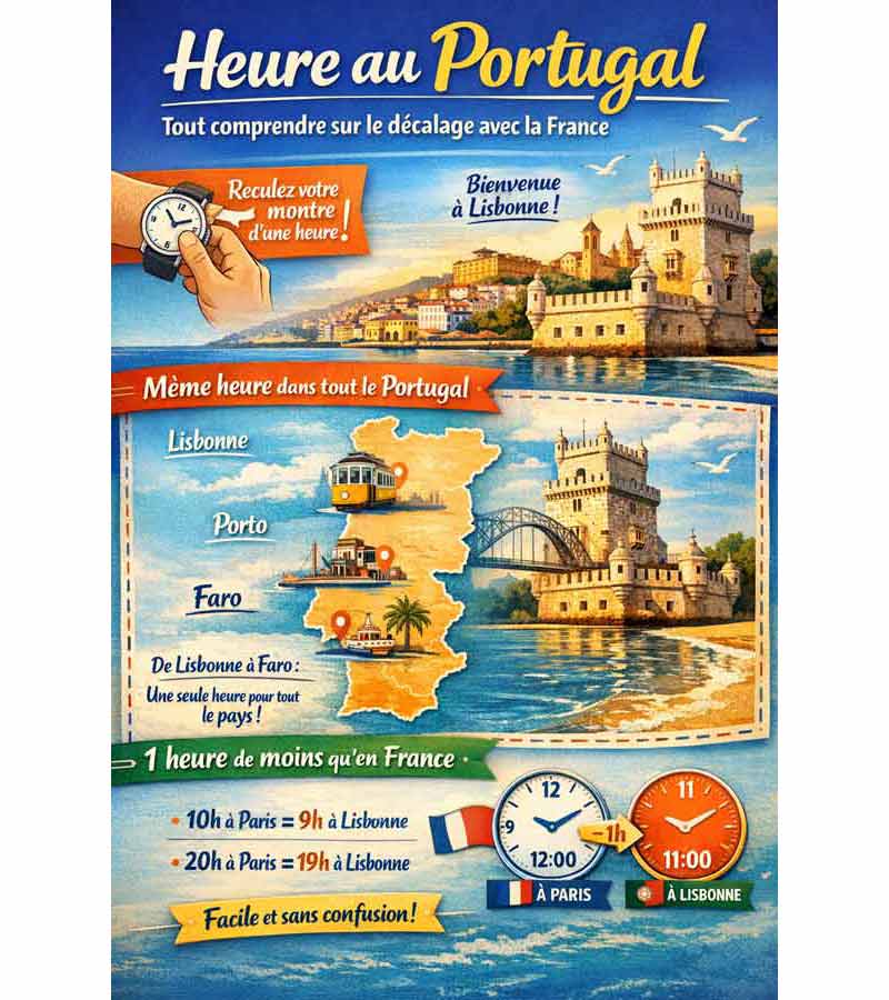 Infographie expliquant l’heure au Portugal avec une heure de décalage par rapport à la France, illustrée par Lisbonne, Porto et Faro sur une carte