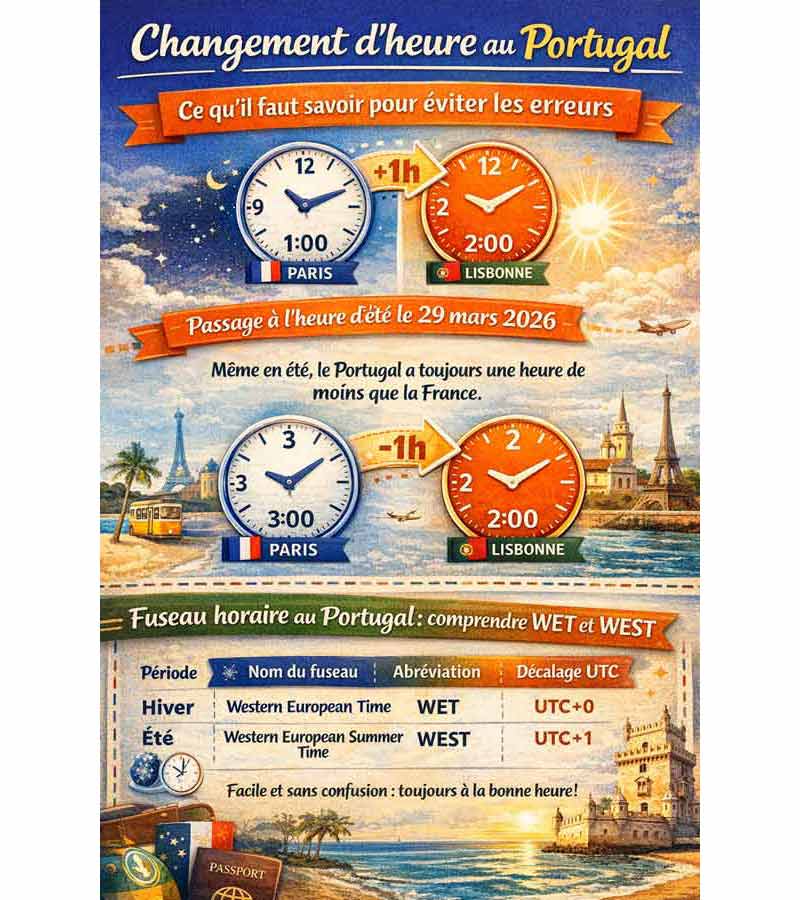 Infographie sur le changement d’heure au Portugal en 2026 montrant le passage à l’heure d’été et le décalage d’une heure avec la France ainsi que les fuseaux WET et WEST