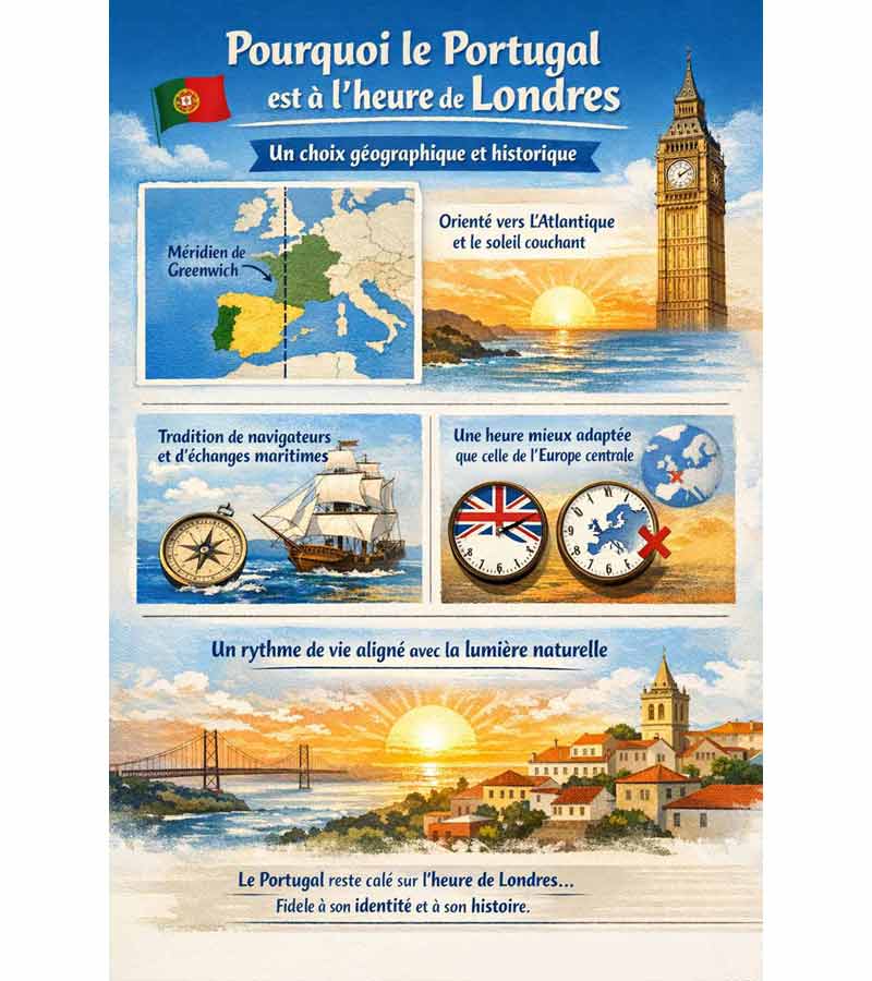 Infographie expliquant pourquoi le Portugal est à l’heure de Londres avec le méridien de Greenwich, sa position géographique et son histoire maritime