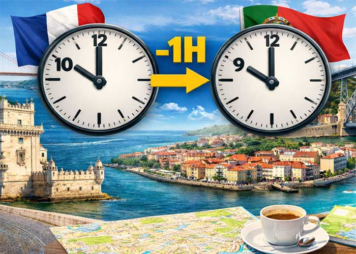 Infographie illustrant le d�calage horaire entre la France et le Portugal avec une heure de moins � Lisbonne par rapport � Paris