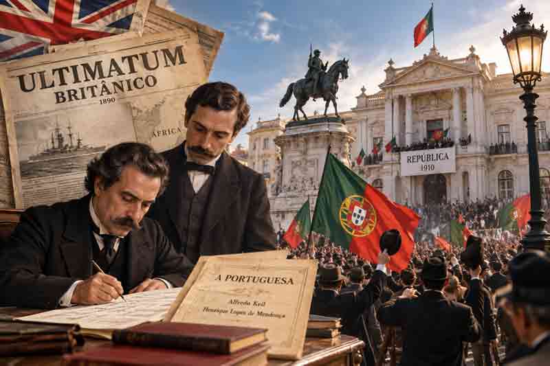 Composition de l'hymne du Portugal par Alfredo Keil et Henrique Lopes de Mendonça après l'ultimatum britannique de 1890, avec la foule célébrant la République en 1910 à Lisbonne