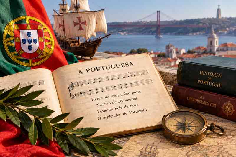 Partition et paroles de l'hymne du Portugal évoquant les héros de la mer, avec drapeau portugais, caravelle et vue sur Lisbonne et le pont du 25 avril