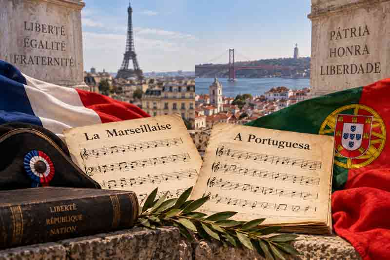 Parenté entre La Marseillaise et A Portuguesa (hymne du Portugal), deux hymnes révolutionnaires partageant des idéaux de liberté entre la France et le Portugal