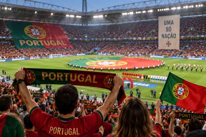 Interprétation de l'hymne du Portugal dans un stade de football avec supporters unis derrière les couleurs vert et rouge du Portugal