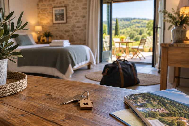 Chambre de gîte ouverte sur une terrasse avec vue sur la campagne verdoyante, clés et guide touristique posés sur une table en bois 
							pour un week-end à la campagne