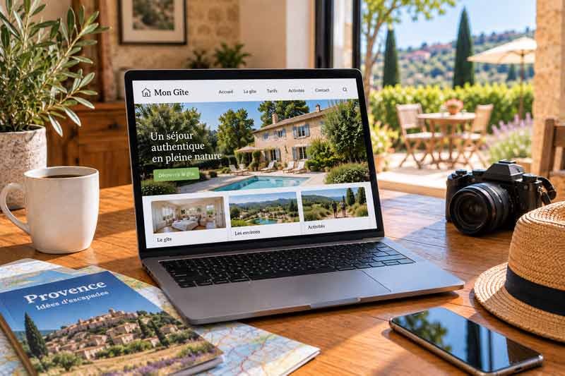 Ordinateur portable affichant le site internet d'un gîte avec piscine, posé sur une table en terrasse près d'un guide de Provence, d'un 
							appareil photo et d'un chapeau de paille