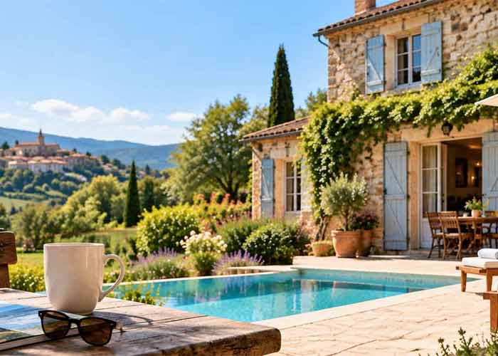 G�te en pierre aux volets bleus avec piscine et transats face � un village perch� dans la campagne proven�ale