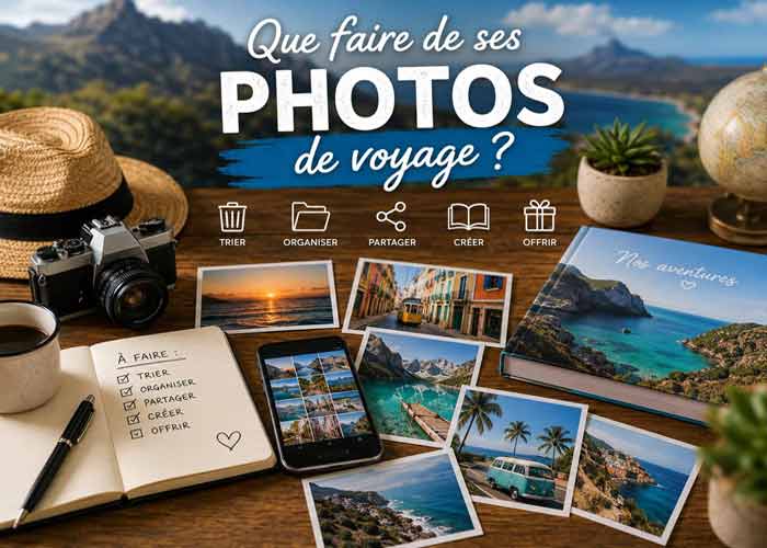 Organiser ses photos de voyage : appareil photo vintage, tirages photo, carnet � faire et album souvenirs sur bureau en bois