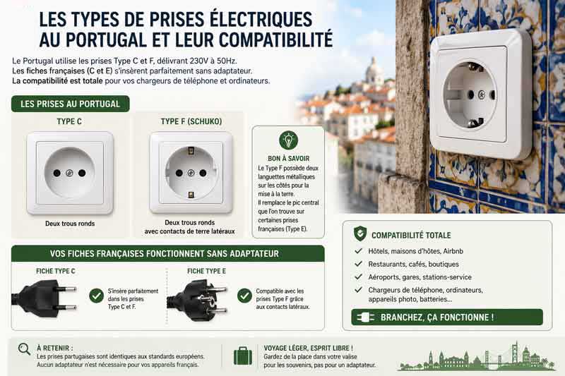 Infographie sur les prises électriques au Portugal : types C et F, compatibilité avec les fiches françaises, et prise murale blanche sur mur de azulejos avec vue sur Lisbonne en arrière-plan