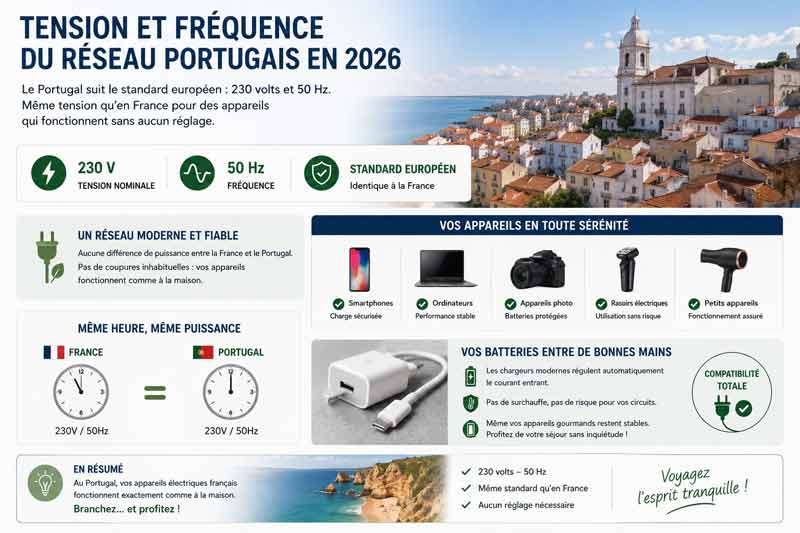Infographie sur la tension et la fréquence du réseau électrique portugais : 230V/50Hz identique à la France, appareils compatibles, avec vue sur les toits colorés de Lisbonne et une plage de l'Algarve