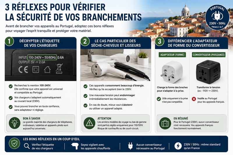 Infographie présentant les 3 réflexes de sécurité pour les branchements au Portugal : lire l'étiquette du chargeur, vérifier les appareils chauffants comme sèche-cheveux et lisseurs, et différencier adaptateur et convertisseur, avec vue sur les toits de Lisbonne et le dôme du Panthéon national