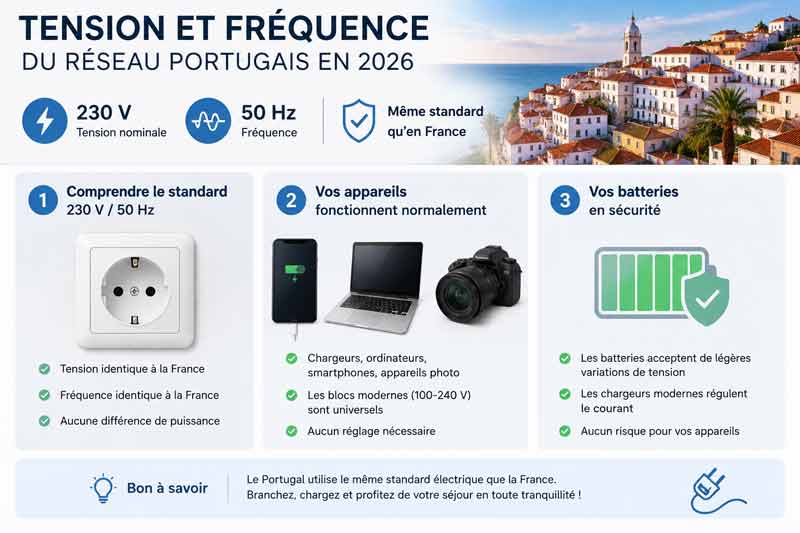 Infographie récapitulative sur le standard électrique 230V/50Hz au Portugal : compréhension de la tension, compatibilité des appareils électroniques et sécurité des batteries, avec vue sur un village côtier blanc typique de l'Algarve