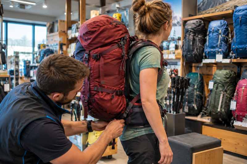 Vendeur réglant la ceinture lombaire d'un sac à dos de voyage rouge sur une cliente en magasin pour ajuster le portage