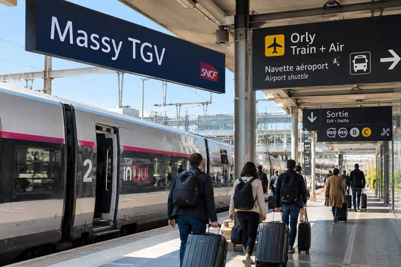 Gare de Massy TGV avec voyageurs se dirigeant vers la navette Orly Train + Air