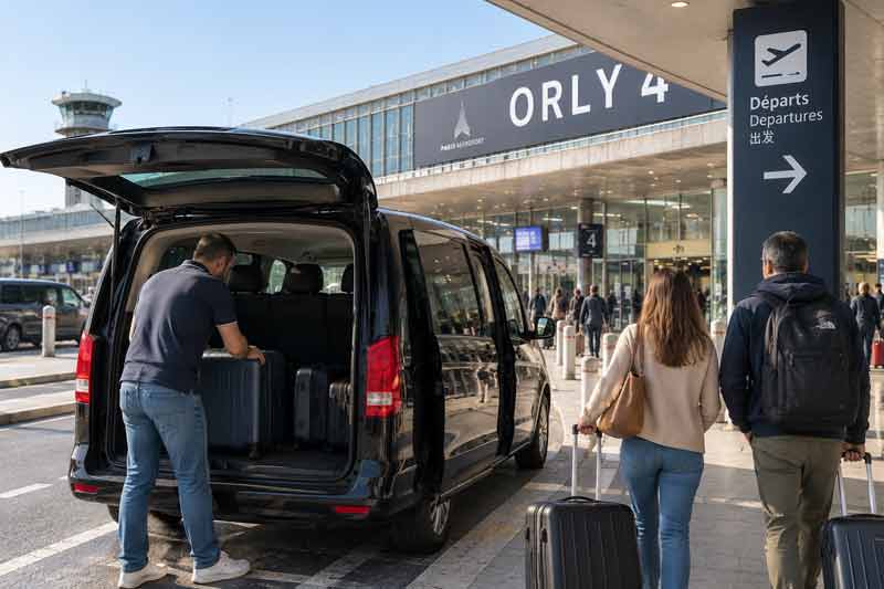 Chauffeur de navette privée chargeant les valises devant le terminal Orly 4
