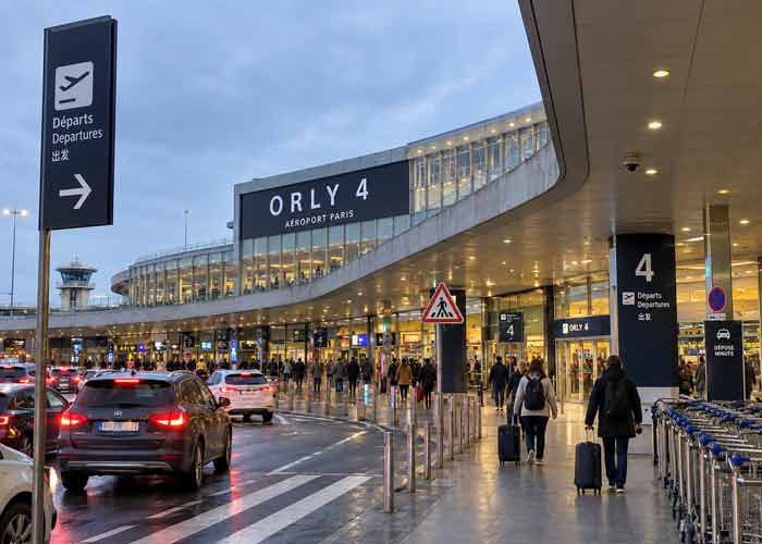 Terminal Orly 4 de l'a�roport Paris-Orly, d�pose minute et voyageurs devant l'entr�e d�parts