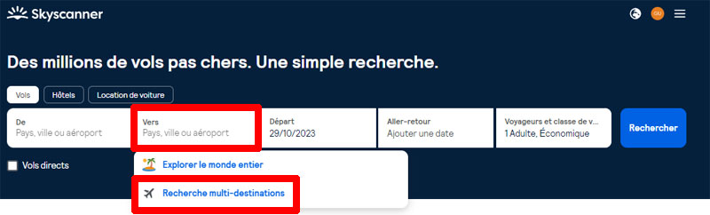 Recherche multi destinations sur Skyscanner