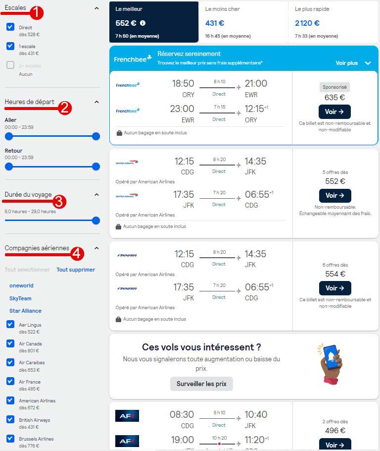 Skyscanner France : filtres pour choisir un vol avec ou sans escale, l'heure de départ du vol et la durée du voyage