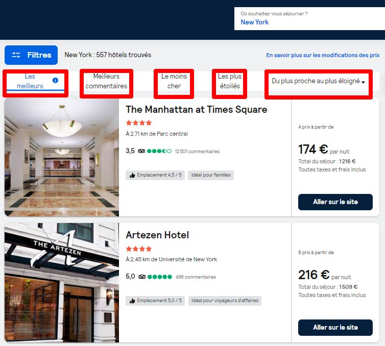 Filtres pour la recherche d'un hôtel sur Skyscaner
